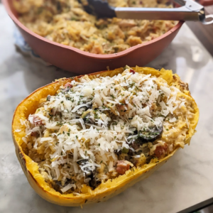 Keto Spaghetti Squash with Chicken, Pancetta, Mushrooms and Peas